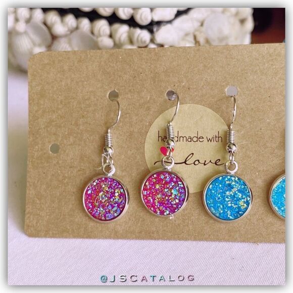 💗 Handmade Druzy Silver Round Dangling Earrings - Picture 1 of 3